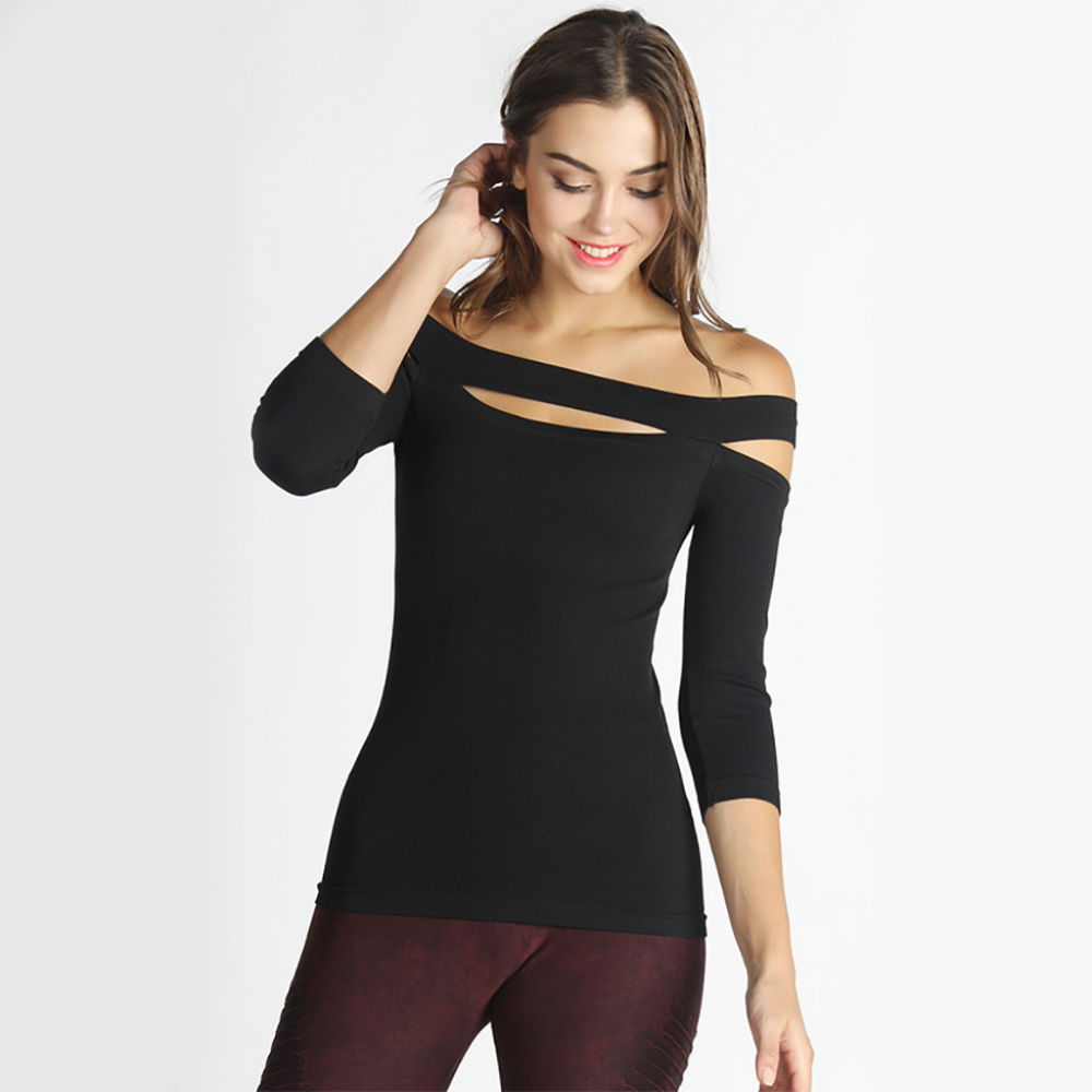 Seamless Off-Shoulder 3/4 Sleeve Top, Blk